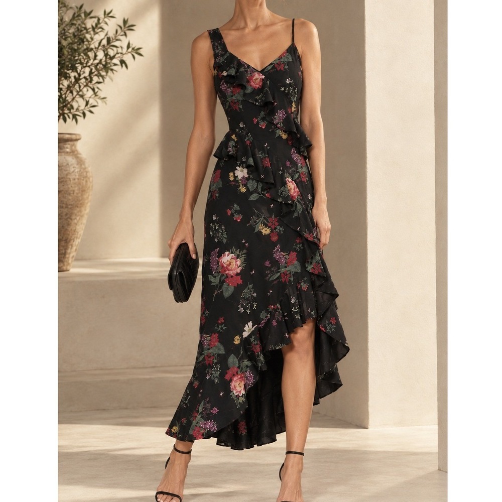 AMUR Women Floral Ruffle Asymmetrical High-Low Maxi Dress Black Multi Size 8